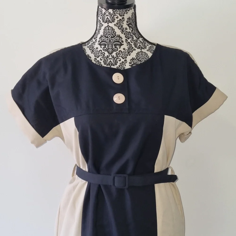 Katies, vintage cream/black panel midi dress, with belt, size 10 - Picture 3 of 7